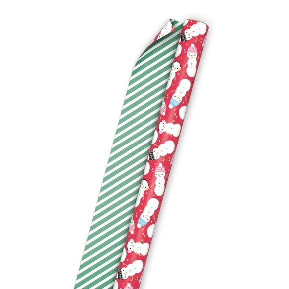 Hallmark Wrapping Paper Christmas Snowman on Red/Green Stripes Reversible 35 sq - Picture 4 of 4